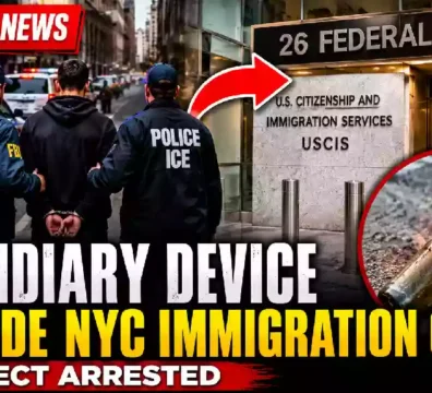 Breaking news thumbnail showing FBI and ICE agents escorting a suspect outside 26 Federal Plaza in New York City after an incendiary device incident near the USCIS immigration office.
