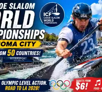 ICF Canoe Slalom World Championships thumbnail showing an elite kayaker racing through whitewater at RiverSport in Oklahoma City during the international competition featuring athletes from 50 countries ahead of the 2028 Los Angeles Olympics.