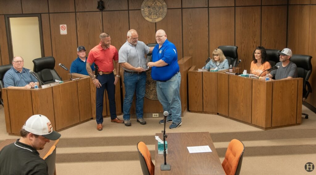 Lt. Matthew Duke center receiving plaque is honored by colleagues and city officials