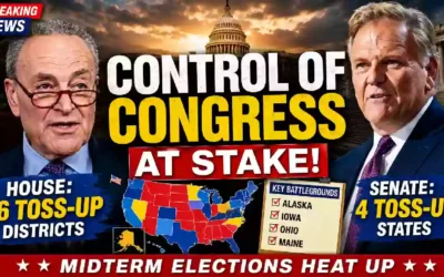 Chuck Schumer and political commentator Bill Hames featured in a YouTube thumbnail highlighting the 2026 U.S. midterm elections, with the U.S. Capitol, House and Senate battleground races, and key states including Alaska, Iowa, Ohio, and Maine.