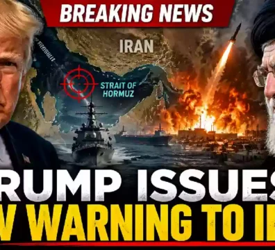President Donald Trump points toward the viewer while Iran's Supreme Leader Ayatollah Ali Khamenei appears opposite him in a dramatic breaking news thumbnail highlighting escalating U.S.-Iran tensions, military threats, and the Strait of Hormuz.
