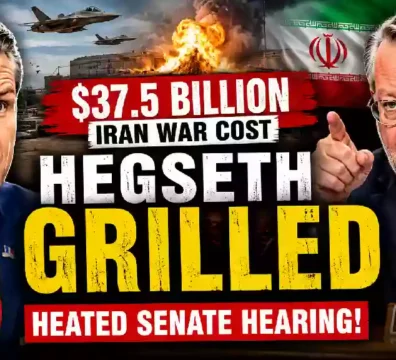 Pete Hegseth and Senator Gary Peters during a heated Senate hearing on Pentagon funding as graphics highlight the reported $37.5 billion cost of the Iran war alongside military aircraft, an explosion, and the Iranian flag.