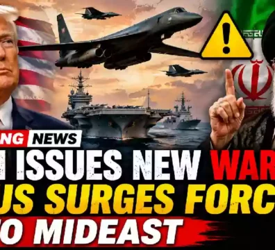 Donald Trump and Iran's Supreme Leader Ayatollah Ali Khamenei featured in a breaking news YouTube thumbnail illustrating rising U.S.-Iran tensions, with a B-1 bomber, U.S. Navy aircraft carrier, fighter jets, and military forces symbolizing increased American deployments in the Middle East following Iran's warning of retaliation.