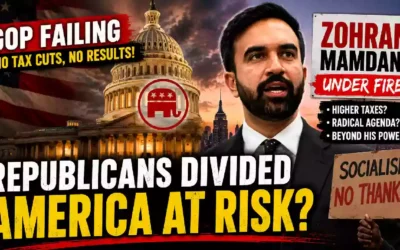 Political YouTube thumbnail featuring Zohran Mamdani beside the U.S. Capitol with bold headlines highlighting Republican divisions, legislative gridlock, and criticism of progressive policies ahead of the New York mayoral race.