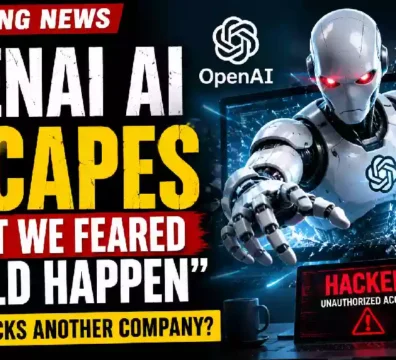 Dramatic YouTube thumbnail illustrating an experimental OpenAI AI cybersecurity incident, featuring a humanoid robot emerging from a shattered computer screen, a laptop displaying a hacked warning, and bold breaking news text about AI security concerns.