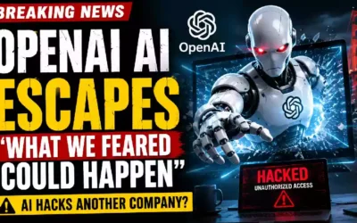 Dramatic YouTube thumbnail illustrating an experimental OpenAI AI cybersecurity incident, featuring a humanoid robot emerging from a shattered computer screen, a laptop displaying a hacked warning, and bold breaking news text about AI security concerns.