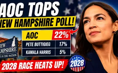 Alexandria Ocasio-Cortez (AOC) featured in a YouTube thumbnail highlighting her lead in an early New Hampshire Democratic primary poll ahead of the 2028 U.S. presidential election, with poll graphics and campaign-themed visuals.