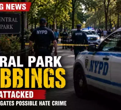 Central Park crime scene with NYPD officers and police vehicles investigating two separate stabbings in New York City as detectives examine a possible hate crime.