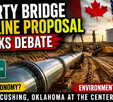 "YouTube thumbnail showing the proposed Liberty Bridge Pipeline in Cushing, Oklahoma, with a large crude oil pipeline under construction, heavy equipment, oil storage tanks, and U.S. and Canadian flags, highlighting the debate over economic benefits and environmental risks."