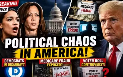 Political news thumbnail featuring Donald Trump, Kamala Harris, Alexandria Ocasio-Cortez, U.S. Capitol, Medicare fraud documents, voter registration controversy, and Democratic Party divisions.