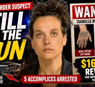 YouTube thumbnail showing Florida murder suspect Isabelle Rose Johnson with a "Still on the Run" headline, wanted poster, $16,000 reward, police lights, and crime scene graphics related to the Walton County homicide investigation.