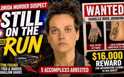 YouTube thumbnail showing Florida murder suspect Isabelle Rose Johnson with a "Still on the Run" headline, wanted poster, $16,000 reward, police lights, and crime scene graphics related to the Walton County homicide investigation.