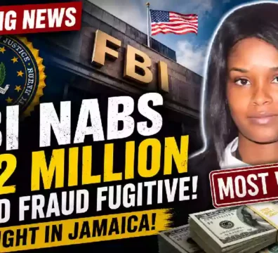 FBI headquarters with a “Breaking News” banner, an alleged COVID-19 relief fraud suspect, stacks of cash, and a Jamaica backdrop illustrating the arrest of a fugitive accused of a $32 million pandemic relief fraud scheme.