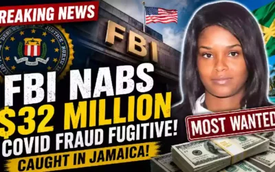 FBI headquarters with a “Breaking News” banner, an alleged COVID-19 relief fraud suspect, stacks of cash, and a Jamaica backdrop illustrating the arrest of a fugitive accused of a $32 million pandemic relief fraud scheme.