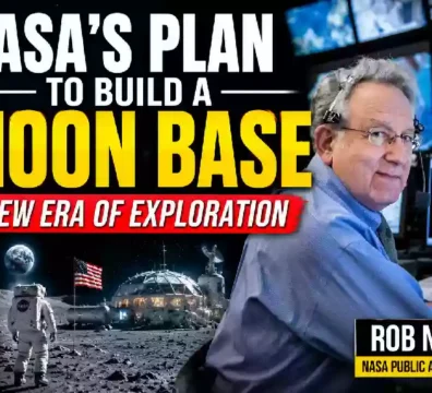 NASA Artemis 3 mission YouTube thumbnail featuring Rob Navias, the Space Launch System rocket, astronauts on the Moon, and a futuristic lunar base highlighting NASA's plans to build a permanent Moon base during a new era of space exploration.