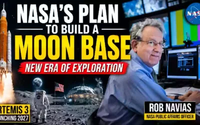 NASA Artemis 3 mission YouTube thumbnail featuring Rob Navias, the Space Launch System rocket, astronauts on the Moon, and a futuristic lunar base highlighting NASA's plans to build a permanent Moon base during a new era of space exploration.