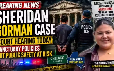 YouTube thumbnail showing the Sheridan Gorman court hearing with a courthouse, police officer escorting a suspect, crime scene tape, and Sheridan Gorman's photo highlighting the ongoing debate over sanctuary policies and immigration enforcement.