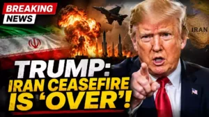 Donald Trump points toward the camera as explosions, missiles, and the Iranian flag appear in the background of a breaking news YouTube thumbnail about Trump's statement that the Iran ceasefire is over