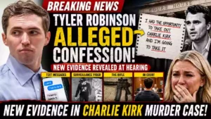 YouTube thumbnail showing Tyler Robinson during a preliminary hearing in the Charlie Kirk murder case, alongside Charlie Kirk, courtroom imagery, alleged evidence, and breaking news graphics.