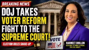 Assistant Attorney General Harmeet Dhillon stands before the U.S. Supreme Court building in a YouTube thumbnail highlighting the Department of Justice's voter roll enforcement efforts and potential Supreme Court election law battle.