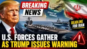 President Trump with U.S. aircraft carriers near Iran and the Strait of Hormuz during escalating Middle East tensions.
