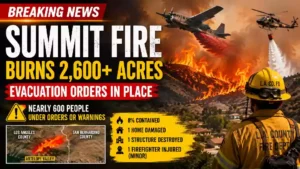 Breaking News YouTube thumbnail showing the Summit Fire burning more than 2,600 acres in Northern Los Angeles County as firefighting aircraft, helicopters, and firefighters battle the fast-moving California wildfire amid evacuation orders.