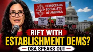 Democratic Socialists of America rally with Grace Mauser speaking as the Democratic Party faces growing tensions between progressive leaders and establishment Democrats over the party's future.