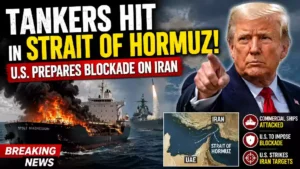 Commercial tanker engulfed in flames in the Strait of Hormuz as President Donald Trump appears beside the scene, illustrating the escalating U.S.-Iran conflict and proposed maritime blockade.