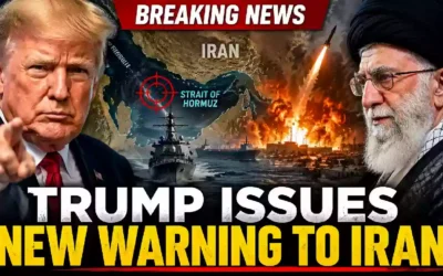 President Donald Trump points toward the viewer while Iran's Supreme Leader Ayatollah Ali Khamenei appears opposite him in a dramatic breaking news thumbnail highlighting escalating U.S.-Iran tensions, military threats, and the Strait of Hormuz.