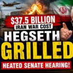 Pete Hegseth and Senator Gary Peters during a heated Senate hearing on Pentagon funding as graphics highlight the reported $37.5 billion cost of the Iran war alongside military aircraft, an explosion, and the Iranian flag.