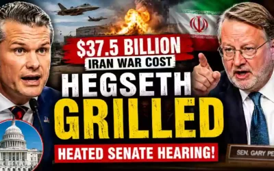 Pete Hegseth and Senator Gary Peters during a heated Senate hearing on Pentagon funding as graphics highlight the reported $37.5 billion cost of the Iran war alongside military aircraft, an explosion, and the Iranian flag.