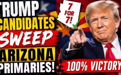 Donald Trump featured in a YouTube thumbnail celebrating a clean sweep by Trump-endorsed Republican candidates in the Arizona GOP primaries, highlighting seven primary victories and growing Republican momentum ahead of the November election.