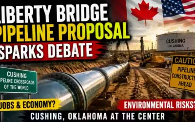 "YouTube thumbnail showing the proposed Liberty Bridge Pipeline in Cushing, Oklahoma, with a large crude oil pipeline under construction, heavy equipment, oil storage tanks, and U.S. and Canadian flags, highlighting the debate over economic benefits and environmental risks."