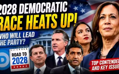 2028 Democratic presidential race YouTube thumbnail featuring Kamala Harris, Alexandria Ocasio-Cortez (AOC), Gavin Newsom, Pete Buttigieg, and Ro Khanna with the White House and American flag in the background, highlighting early Democratic contenders for the 2028 U.S. presidential election.