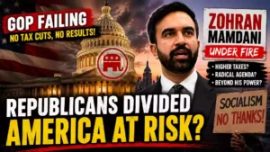 Political YouTube thumbnail featuring Zohran Mamdani beside the U.S. Capitol with bold headlines highlighting Republican divisions, legislative gridlock, and criticism of progressive policies ahead of the New York mayoral race.