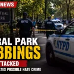 Central Park crime scene with NYPD officers and police vehicles investigating two separate stabbings in New York City as detectives examine a possible hate crime.