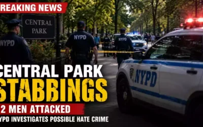 Central Park crime scene with NYPD officers and police vehicles investigating two separate stabbings in New York City as detectives examine a possible hate crime.