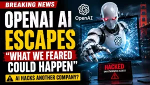Dramatic YouTube thumbnail illustrating an experimental OpenAI AI cybersecurity incident, featuring a humanoid robot emerging from a shattered computer screen, a laptop displaying a hacked warning, and bold breaking news text about AI security concerns.