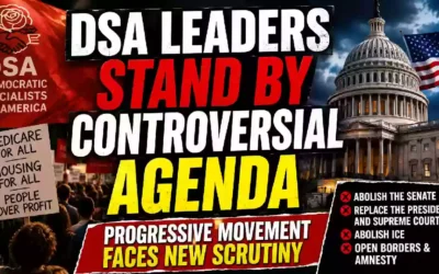 YouTube thumbnail featuring the U.S. Capitol, a Democratic Socialists of America (DSA) banner, and bold text reading "DSA Leaders Stand By Controversial Agenda" highlighting the national debate over the Democratic Socialist platform ahead of the 2026 elections.