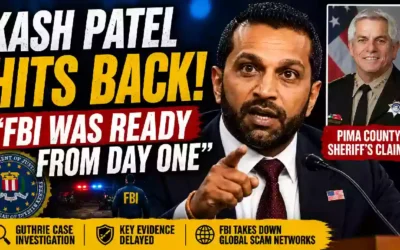 Kash Patel responds to Pima County Sheriff's claims in the Guthrie investigation during a news interview, with a thumbnail highlighting the FBI's response, delayed evidence, and global anti-scam operations.