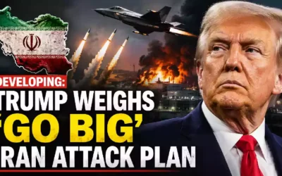 President Donald Trump alongside a military aircraft, missiles, and an Iran map graphic illustrating reports of expanded U.S. military strike options against Iran amid escalating Middle East tensions.
