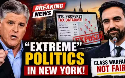 Sean Hannity speaks during a Fox News broadcast while a New York City property tax database graphic and skyline illustrate controversy surrounding a proposed second-home tax and political debate over wealth taxation.