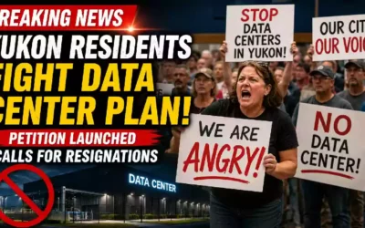 Protesters gather at a Yukon, Oklahoma city meeting opposing a proposed data center project, displaying signs against data centers as residents launch a petition and voice concerns over noise, electricity costs, and local government decisions.