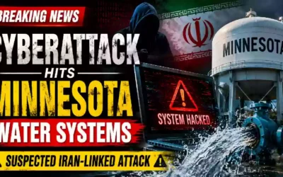 Breaking news YouTube thumbnail showing a hooded hacker, a Minnesota water tower, water infrastructure, and a hacked computer screen, illustrating a suspected cyberattack targeting Minnesota water systems and concerns over aging U.S. critical infrastructure.