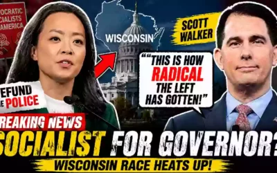 Scott Walker and Wisconsin Democratic gubernatorial candidate Francesca Hong featured in a breaking news YouTube thumbnail discussing the Wisconsin governor race, Democratic Socialists of America, policing debate, and the 2026 Wisconsin election.