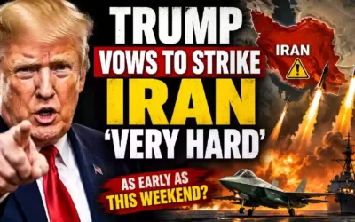President Donald Trump points toward the camera as dramatic graphics depict missiles launching toward Iran, with a U.S. warship, fighter jet, and map of Iran illustrating escalating tensions over possible U.S. military strikes in the Middle East.