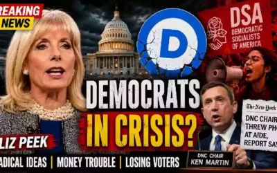 Liz Peek discusses the Democratic Party's political and fundraising challenges following controversial Democratic Socialists of America (DSA) remarks, with the U.S. Capitol, Democratic logo, and protest imagery featured in a breaking news YouTube thumbnail.