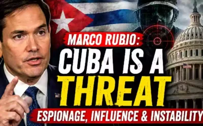 Marco Rubio speaks about Cuba's national security threat as a Cuban flag, shadowy intelligence figure, and the U.S. Capitol illustrate concerns over espionage, influence operations, and geopolitical tensions.