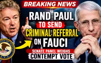 Sen. Rand Paul announces plans to send a criminal referral against Dr. Anthony Fauci to the Department of Justice as a Senate panel considers a contempt of Congress vote, with the U.S. Capitol and DOJ seal featured in the background.