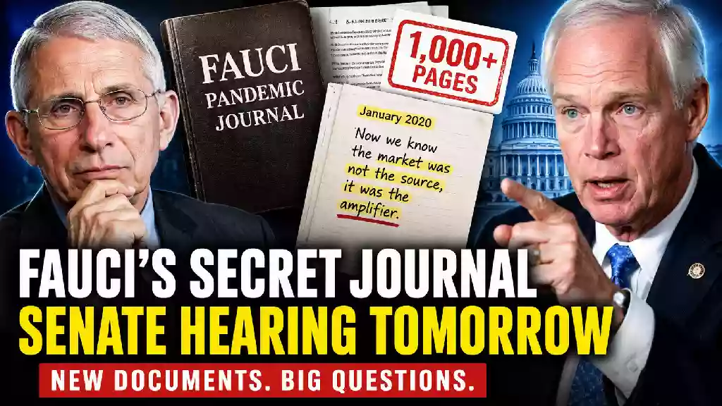 Dr. Anthony Fauci and Senator Ron Johnson featured in a news-style thumbnail highlighting the release of Fauci's private COVID-19 journal ahead of a Senate hearing on pandemic transparency and coronavirus origins.